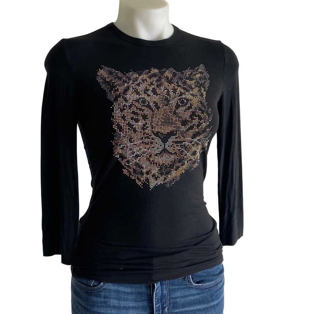 St. John Caviar Black Studded Rhinestone Leopard Long Sleeve Top Small‎
